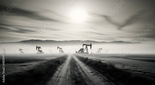 Black and White Oil Field Serenity A Hauntingly Beautiful Depiction of Resource Extraction Amidst a Misty Landscape Representing Industry and the Environment Concerns