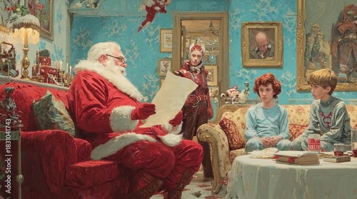 Santa reading his list with children and superheroes on Christmas Eve, holiday magic comes to life with festive joy and excitement