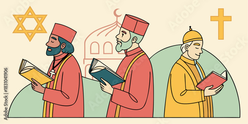 Diverse religious leaders peacefully reading sacred texts together, promoting interfaith harmony and understanding, perfect for educational or spiritual projects