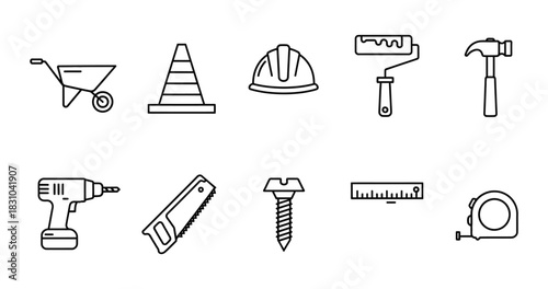 Set of construction and repair tool line icons