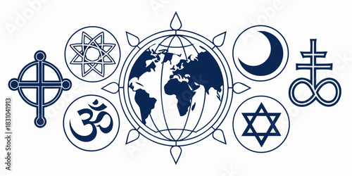 Striking world religions symbols in harmonious design for spiritual unity, faith diversity, and cultural understanding in a globalized society, peace concept