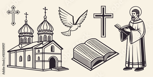 Detailed religious icons featuring a church, crosses, dove, book, and saint offering a vintage aesthetic for faith-based projects and design needs