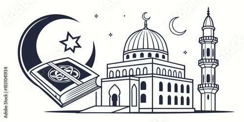 Elegant mosque illustration with crescent moon and star, symbolizing faith, culture, and tradition in a modern, clean design, perfect for Ramadan greetings