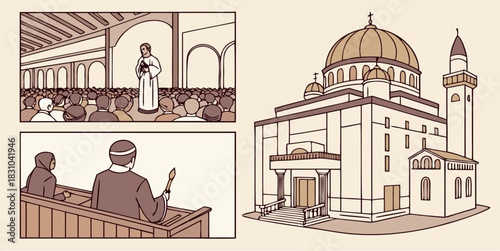 Engaging cartoon artwork showcasing a church, priest, and congregation, ideal for religious education materials or faith-based publications