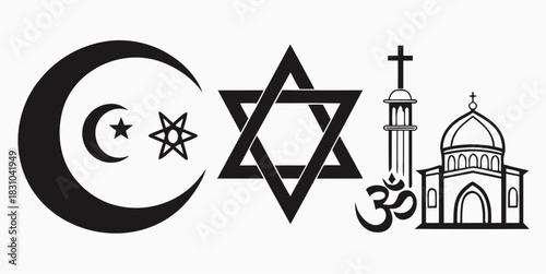 Symbols of faith and peace create a visual story of unity, diversity, and spiritual harmony for interfaith projects, marketing, and educational content