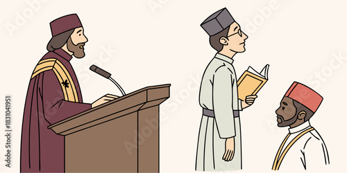 Religion speaker delivering religious speech with people listening attentively, celebrating their  achievements in a formal ceremony