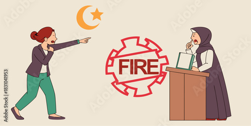 Muslim speaker faces backlash, fired for controversial speech, woman pointing, religious tension, social commentary on free speech, Muslim culture, vector art
