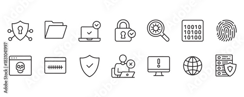 Cybersecurity icons portraying digital protection for networks, data, and personal information, ensuring online safety in the digital age with shield and lock symbols