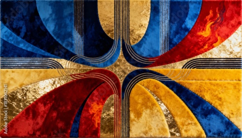 Abstract patterned carpet inlays showcase dynamic shapes and fluid forms in vivid colors bringing an artistic and contemporary vibe to highend living spaces.