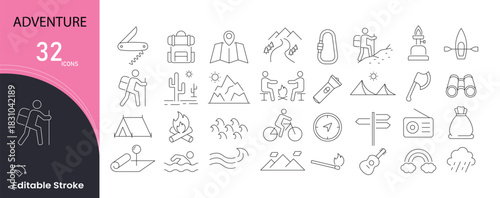 Adventure icons set for exploration, hiking, camping, outdoor travel, maps, mountains, and tours. Editable stroke.
