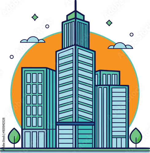 Modern cityscape with tall buildings and orange sun