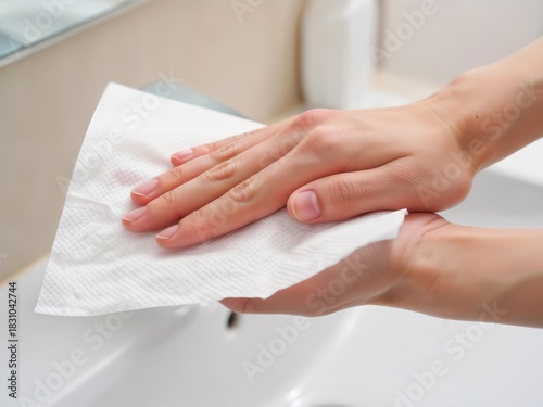 Drying Wet Hands with a White Disposable Paper Towel in Bathroom