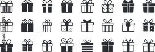 Set of various black and white gift box icons