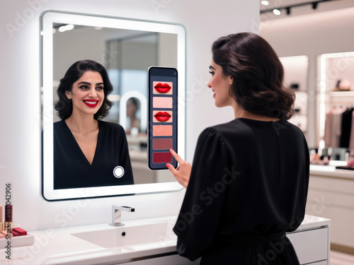 Woman Uses a Smart Mirror Touchscreen to Try On Lipstick Shades