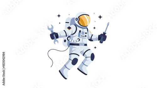 Astronaut in a spacesuit holding a wrench and screwdriver in space