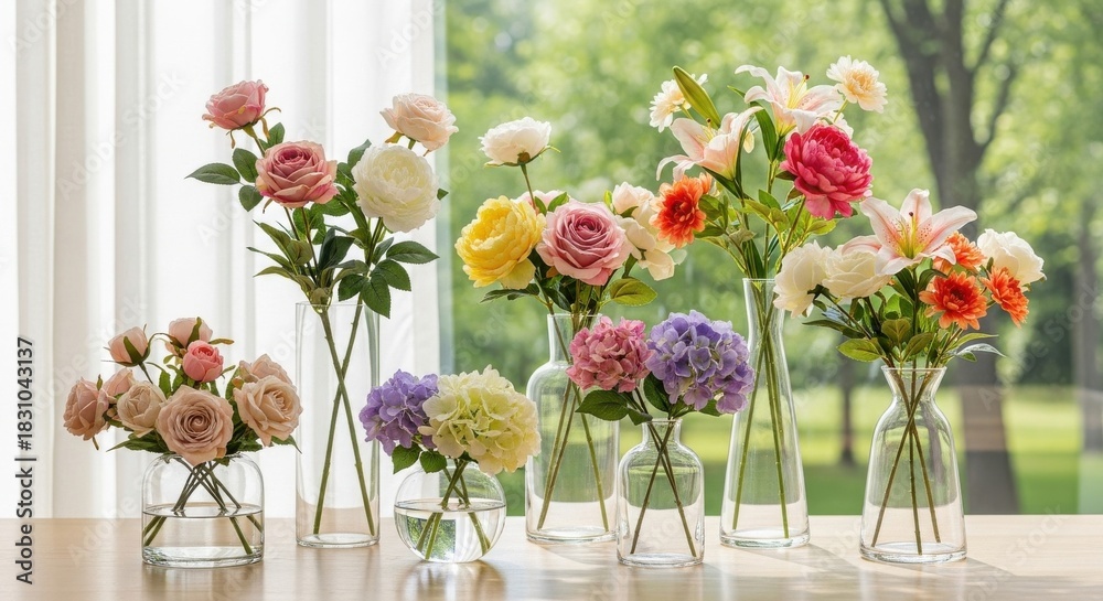 Fototapeta premium Diverse floral arrangements in clear glass vases by window