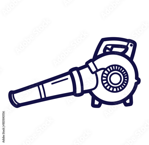 Simple illustration of a handheld leaf blower in clean dark blue line art design