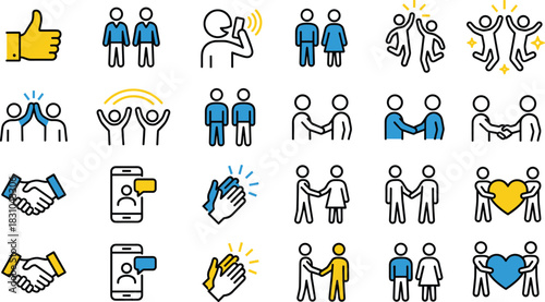 Communication teamwork relationship partnership friendship social media connection success agreement collaboration meeting support icon set vector illustration