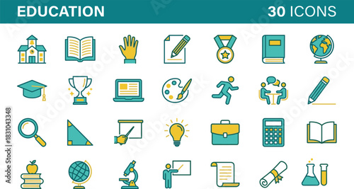 Education school college university student academic study learning success knowledge achievement science math subject object icon set vector illustration