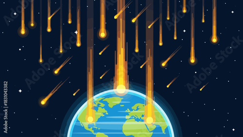 Meteor shower raining down on planet Earth in space