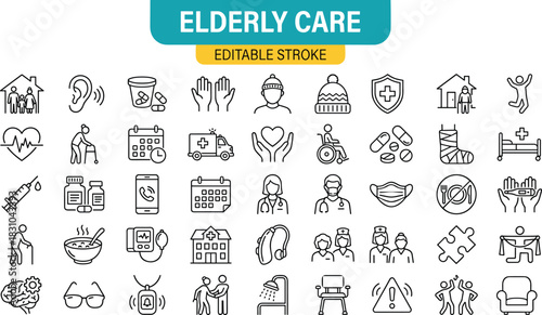 Elderly care senior health medical support home assistance hospital nurse doctor medicine disability appointment wellness line icon set vector