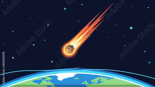 Meteor streaking across a dark starry sky towards a pixelated Earth