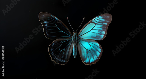  High-contrast turquoise butterfly isolated on a matte black botanical background