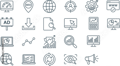 Digital Marketing and SEO Line Icon Set: Web Analytics, Advertising, Global Search, Performance Optimization, Target Audience, Data Analysis, Business Strategy, Online Promotion