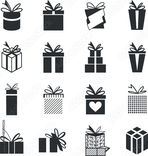 Set of sixteen black and white gift box icons for celebration