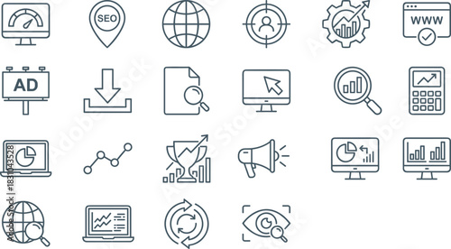 Digital Marketing and SEO Line Icon Set: Web Analytics, Advertising, Global Search, Performance Optimization, Target Audience, Data Analysis, Business Strategy, Online Promotion