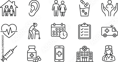 Healthcare medical insurance senior care hospital clinic doctor nurse treatment prescription emergency health calendar icon set vector
