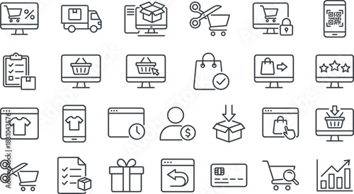 E-commerce and Online Shopping Line Icon Set: Digital Retail, Delivery, Discount, Payment, Order Tracking, Mobile App, Secure Checkout, Returns, Business Analytics