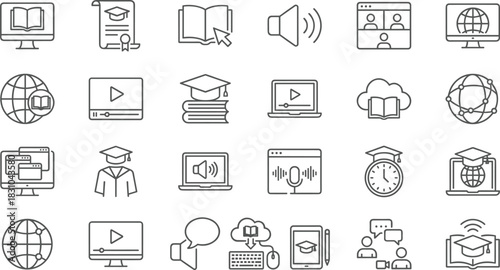 E-learning and Online Education Line Icon Set: Remote Study, Digital Knowledge, Graduation, Video Course, Global Learning, Web Conferencing, Tutorial, Academic Interface