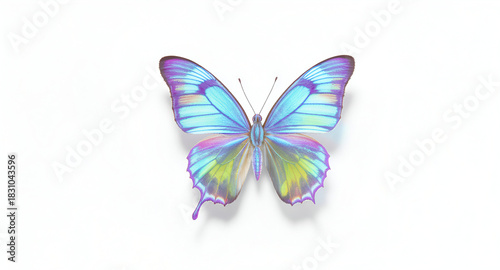 Holographic spectrum butterfly with neon reflections, hovering on a minimal pure-white background