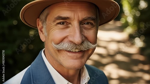 A man with a mustache and a hat smiles at the camera.