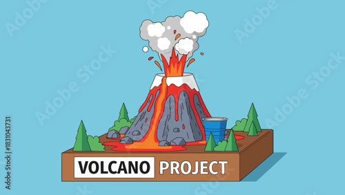 Cartoon volcano erupting on a diorama with trees and a blue cup