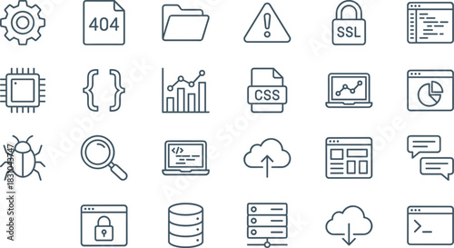 Web Development, Data Management, and Internet Security Line Icon Set: Coding, Server, Database, Error, Analytics, Cloud Computing, Bug Fix, SSL, System Settings