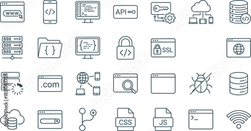 Web Development and Programming Line Icon Set: Coding, Database, Server, Internet Security, API, Cloud Computing, Bug Fix, Data Transfer, Digital Infrastructure