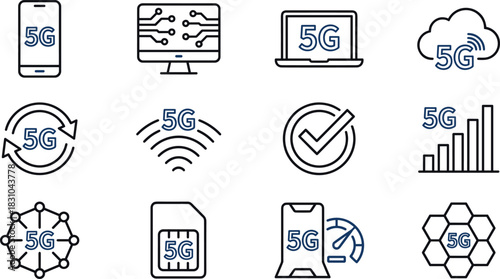 5G network technology vector line icon set, illustrating fast wireless communication, mobile internet connectivity, data speed, and future telecommunication infrastructure design.
