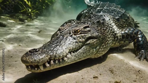 Close-up underwater shot of a massive saltwater crocodile lying motionless on a riverbed, stirring up sediment, perfect for wildlife documentaries and conservation efforts.
