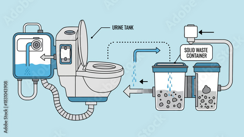 Diagram shows a composting toilet system with a urine tank and solid waste containers