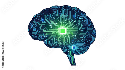 Digital brain with glowing circuits and chips
