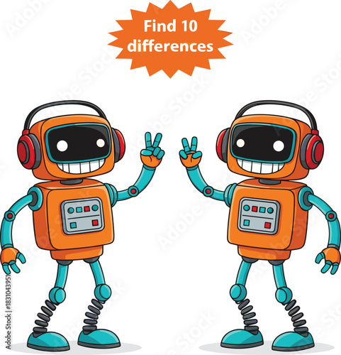 Find 10 Differences Visual Puzzle Game Featuring Two Identical Cartoon Robots for Children's Observation Skills and Cognitive Learning Activity Vector.