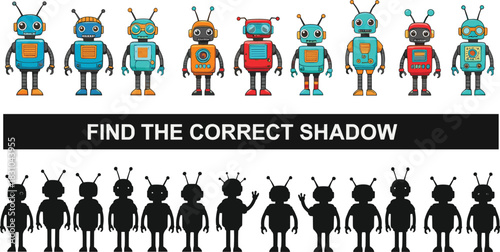 Find The Correct Shadow Visual Puzzle Game for Children Featuring a Row of Colorful Cartoon Robots for Matching and Cognitive Development Activity Vector.
