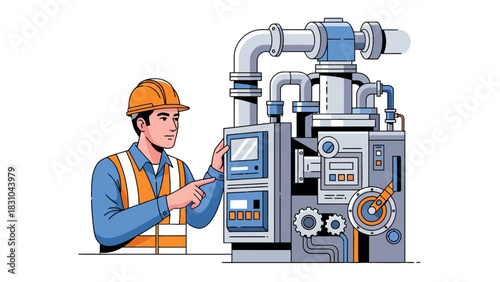 Engineer inspects complex industrial machinery with control panels