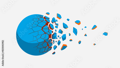 Exploding blue sphere with orange accents against a white background