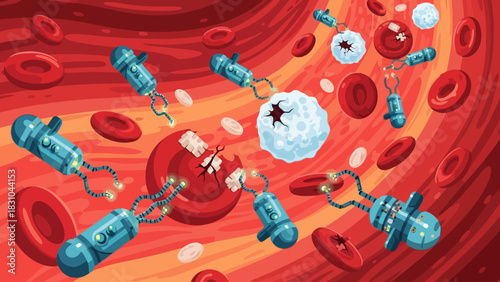 Nanobots interacting with blood cells and microorganisms inside a blood vessel