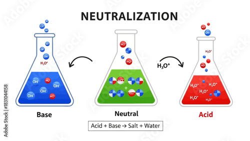 Neutralization illustration showing flasks with chemical solutions