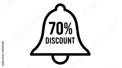 Vector illustration of black and white icon of a notification bell with text 70 percent discount inside