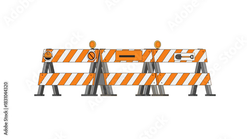Orange and white striped construction barrier with signs